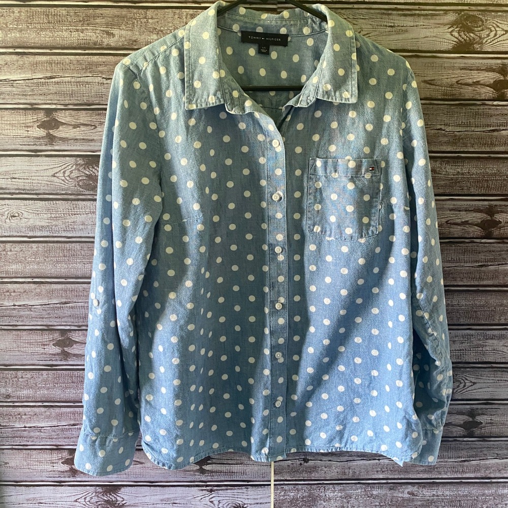 Tommy Hilfiger Women's Long-Sleeved Button-Down Top Size L Blue White Polka-Dot